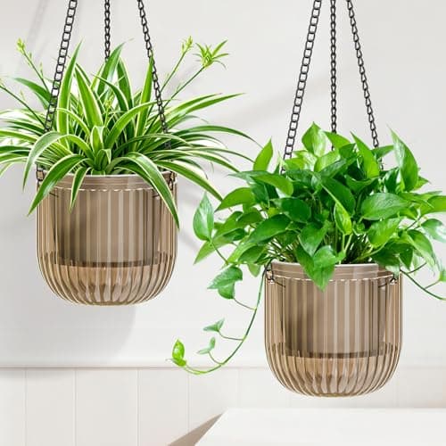 Halatool Indoor Hanging Planter Pot for Plants, 6.5 Inch Self Watering Hanging Pots with 2 Metal Chains, Visible Water Level Indicator & Drainage Holes for Wall, Garden, Home (2 Pack, Gray)