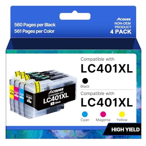 LC401 Ink Cartridges for Brother Printer High Yield 4-Pack Replacement for Brother LC401 Ink Cartridges LC401 XL Work with MFC-J1010DW MFC-J1170DW MFC-J1012DW MFC-J1800DW Black Cyan Magenta Yellow