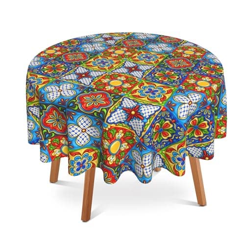 UIUPRO Ethnic 60 Inch Round Tablecloth,Mexican Talavera Ceramic Table Cloth Waterproof Stain and Wrinkle Resistant Circle Table Cover for Kitchen Dining Picnic Camping Indoor Outdoor Decor