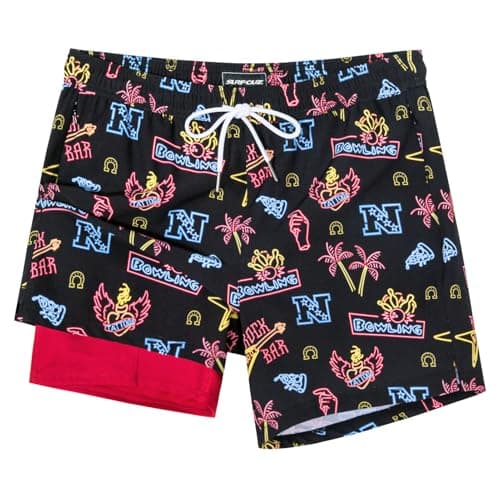 SURF CUZ Mens Swim Trunks with Compression Liner 5" Swim Shorts Quick Dry Bathing Suit Swimming Trunks Zipper Pockets Black Neon Party X-Large