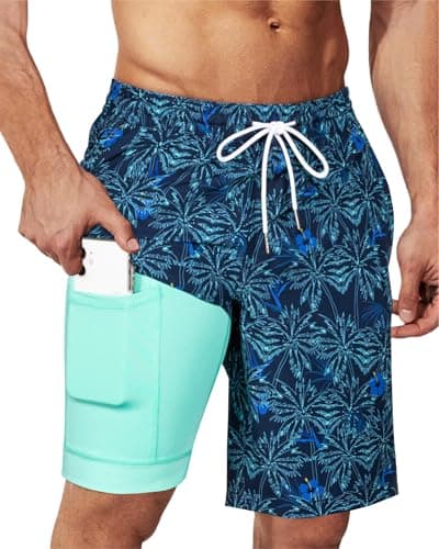 SURF CUZ 9" Mens Swim Trunks with Compression Liner Swimming Shorts 2 in 1 Stretch Quick Dry Zipper Pockets,Island Dawn,XS