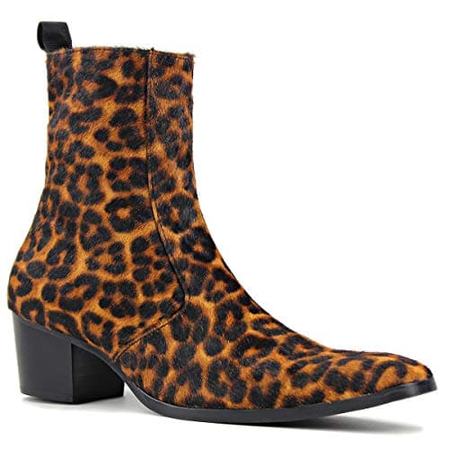 OSSTONE Men Chelsea Ankle Boots Leather Pony Hair Leopard Boot with Side Zipper Heel Boots JY012 black 9