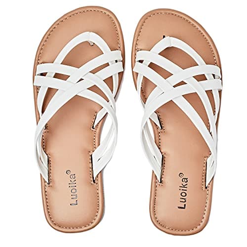 Luoika Women's Wide Width Flat Strappy Slides SandalsWhite,190102,12.5XW