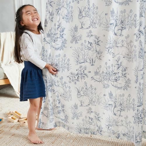 Vangao Blue Woodland Linen Kids Curtains 84 Inch Farmhouse 2 Panels