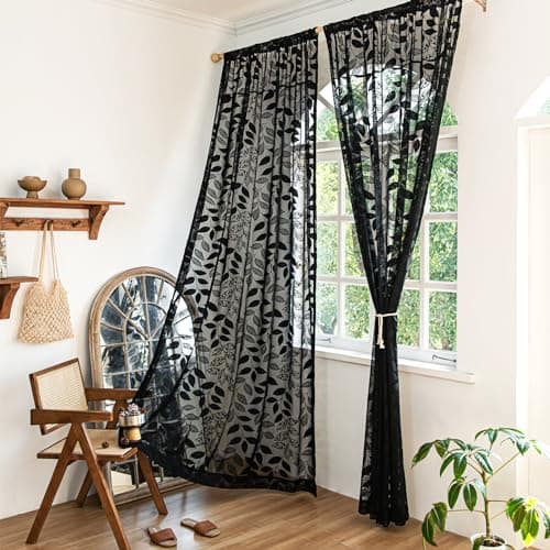 Black Leaf Sheer Lace Curtains for Living Room Privacy 54x63"2pcs