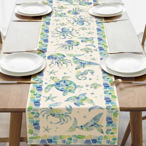 Croar Coastal Sea Animals Mosaic Dining Table Runner, Beach Ocean Whale