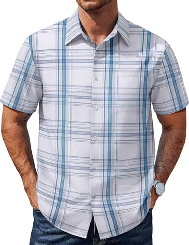 COOFANDY Men's Plaid Shirt Casual Western Button Up Shirt Short Sleeve Summer Lightweight Shirt with Pocket