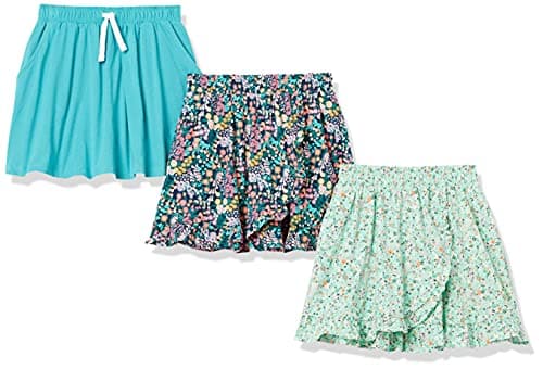 Amazon Essentials Girls' Knit Skorts with Elastic Waist and Built-in Shorts, Pack of 3, Teal Blue, Small