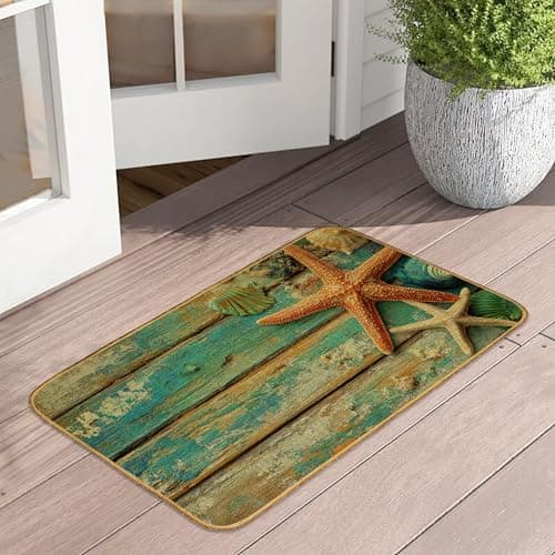 Coastal Seashell Starfish Door Mat 17"x29",Blue Wooden Doormat Indoor Entrance,Non Slip Rubber Front Door Mats Washable Absorbent Inside Outside Low-Profile Home Entryway Rug Outdoor