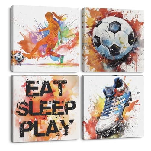TBT 4PC Graffiti Canvas Wall Art Framed Art Soccer Shoes Room Decor Inspirational Sports Paintings Soccer Gifts Wall Decor Prints Picture for Girls Room Sports Club Bedroom Home Decor 7.9x7.9 inch