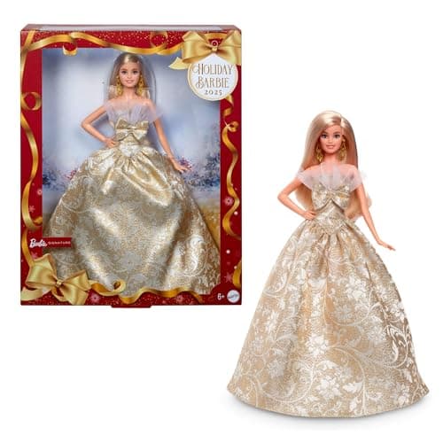 Barbie Signature Doll, 2025 Holiday Blonde Fashion Doll Wearing Silver & Gold Gown, Seasonal Collector Doll in Displayable Packaging & Doll Stand