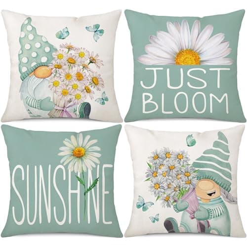 Gujiahone Light Blue Spring Summer Throw Pillow Covers 18 x 18 Set of 4 Daisy Floral Gnomes Sunshine Decorative Cushion Case for Sofa Couch Patio