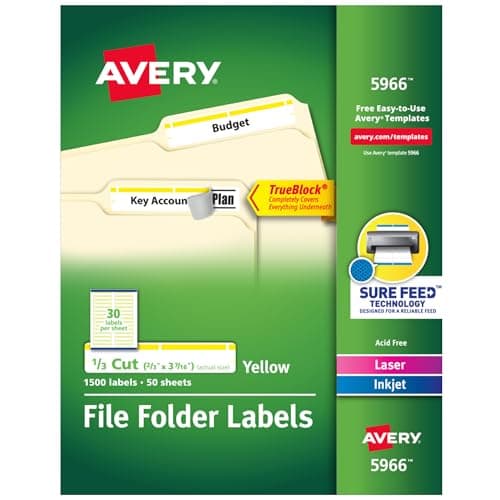 Avery® TrueBlock® File Folder Labels, 2/3" x 3-7/16", 1,500 Printable Labels, White/Yellow, Permanent (5966)