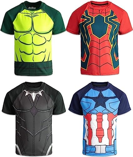 Marvel Avengers Big Boys 4 Pack Cosplay Athletic T-Shirts Black Panther, Hulk, Captain America & Spiderman 8
