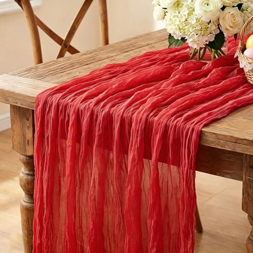 Red Cheesecloth Table Runner, 10FT Rustic Christmas Red Boho Gauze Table Runner for Christmas Wedding Bridal Shower Baby Shower Birthday Tea Party Decorations