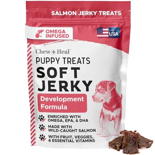 Chew + Heal Labs Dog Salmon Jerky for Puppies - 12 oz of Wild Caught Alaskan Salmon Jerky for Puppy Development with Chickpeas, Carrots, Sweet Potato, and Fruit - Made in The USA