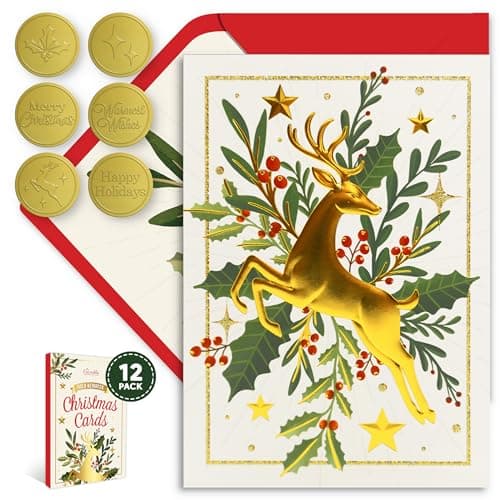Decorably 12 Pack Glittery & Gold Foil Embossed 5x7in Deer Christmas Cards with Glitter, Envelopes & Stickers - Folded Happy Holiday Gold Reindeer Design, Printed Message Inside, Gifting & Mailing