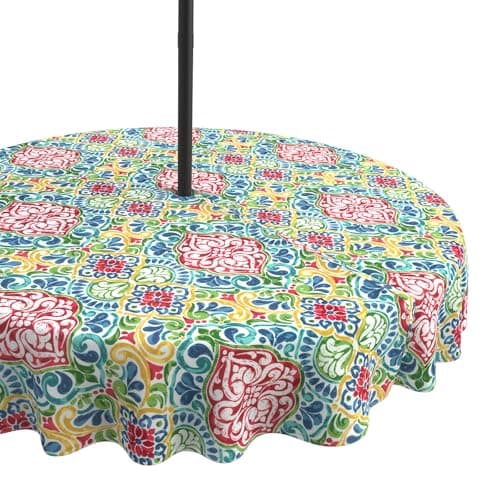 LVTXIII Round Outdoor Tablecloth with Umbrella Hole and Zipper, Water-Repellent 60 Inch Patio Table Cover for Bistro, Garden, Patio & Picnic, Damask Red