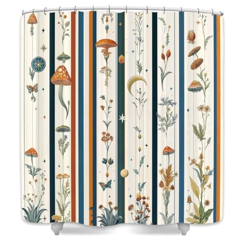 DYNH Boho Botanical Shower Curtain,Wildflower Herbs Plants Mushrooms Bathtub Curtain,Retro Country Nature Element Stripes Bathroom Decor with Hooks,69X70 in
