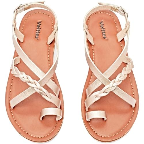 Veittes Women's Fashion Casual Flat Sandals,Solid Color,Round Toe,with Braided Ankle Strap,Buckle Closure,lightweight Rubber Sole,Beach Toe Ring Thong Summer Sandals,Golden,8.5 US