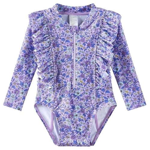 LIBREDGE Toddler Girls' Swim Rashguard 4t Bathing Suit Girls Long Sleeve Swimsuit Rash Guard Kids Violet 4T