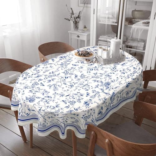 Virtumob Oval Tablecloth -54x72 Inch, Waterproof Tablecover for Oval Tables 54 x 72,Vintage Hand Drawn Floral Birds Design Table Cloth Perfect for Kitchen Dinner Restaurant Outdoor