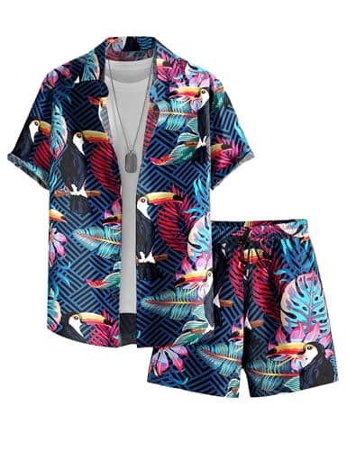 EISHOPEER Men's Hawaiian Luau Summer Outfits Short Sleeve Shirt and Shorts Set X-Large