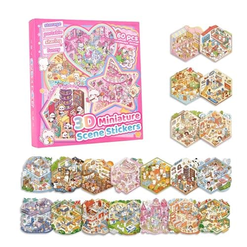 20 Sets Reusable 3D Sticker Scene Book - Safe Cute Stickers for Kids, DIY Miniature Cozy Room, Supermarket, House & Landscape Scenes, Sticker Therapy Stress‑Relief Craft Activity for Adults