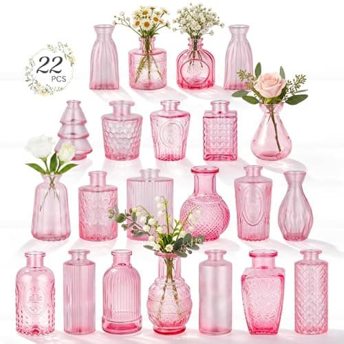 RUCKAE 22 Pack Pink Glass Bud Vases,Vintage Small Flower Vases for Centerpieces,Assorted Mini Glass Vases for Flowers,Table Decor,Wedding,Home,Living Room,Bedroom,Office,Party,Gifts(Pink 22 Pack)