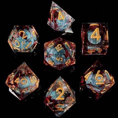 Fugacity Dice Set, Liquid Core Handmade Sharp Edge 7 Piece Resin Dice-for Dungeons and Dragons Polyhedral Dice Set, D&D Dice Set with Gift Dice Case for RPG MTG Table Games