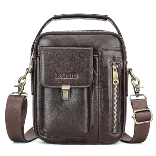 BAIGIO Men's Genuine Leather Messenger Handbag, Dark Coffee, Small
