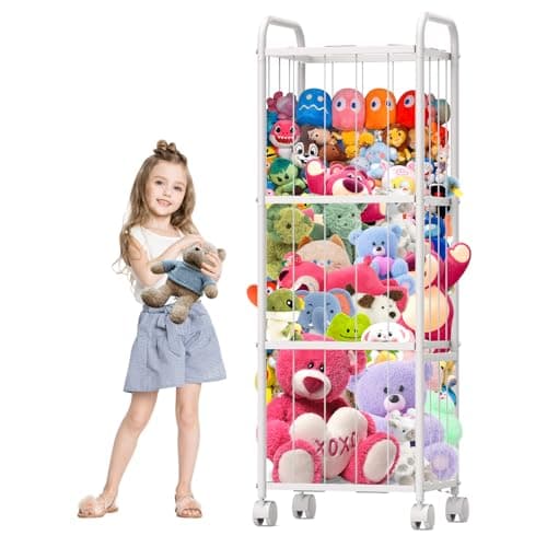 Stuffed Animal Storage, Metal Tube Toy Storage Organizer Extra Large Stuffed Animal Holder With Brake Wheels, Stuffed Animal Zoo Organizer For Nursery Playroom Kids Room White(53.5” x 18.1”x 13”) 13”)