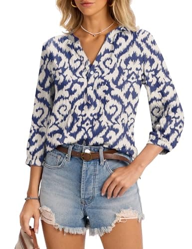 LOMON Womens Tops Casual Henley V Neck T-Shirts for Women Button Down Pleated 3/4 Sleeve Tunic Shirts, XL