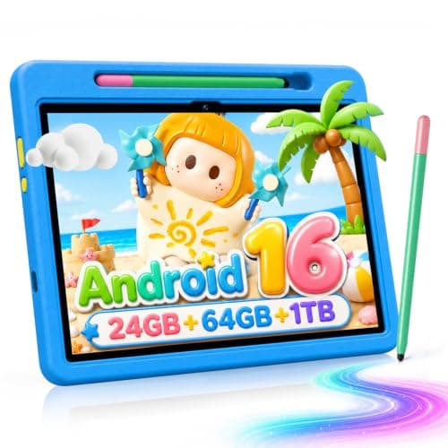 Android 16 Kids Tablet HD 10 Inch with Stylus & Case, 24GB RAM 64GB ROM 1TB
