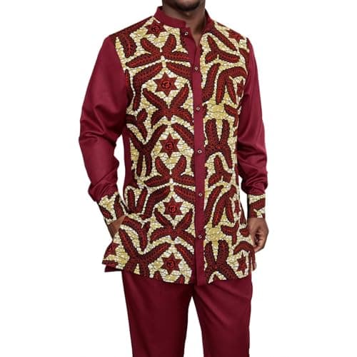 African Dashiki Suit for Men Kente Print Long Sleeve Outfit Clothing Shirts and Pants 2 Piece Traditional Attire TR55-V66 Medium