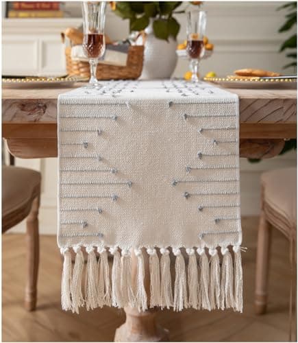 Caflife Grey Beige Cotton Linen Rustic Boho Table Runner 13x48 Inch Long