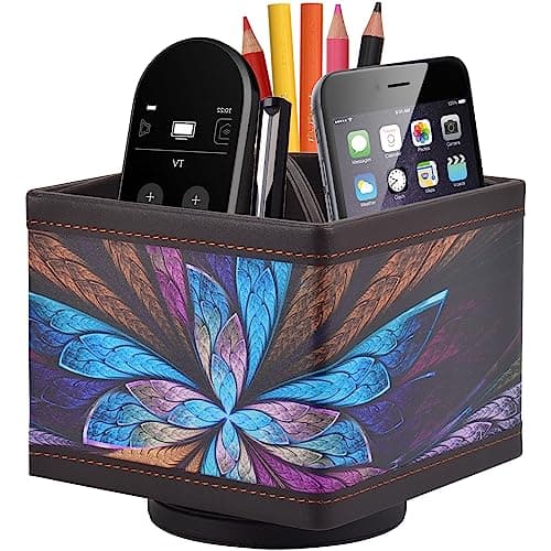 RHCSZ Square Leather 360°Rotatable Pencil Holders,Remote Control Holder,Spinning Bedside TV Remote Caddy,Desktop Organizer for Pen,Media Controller,Phone,Glasses,Office Supplies Storage Box(Blue)