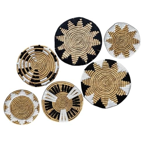 Laquedecraft Boho Wicker Rattan Plate Basket Set For Décor Hanging Wall | Large Woven Farmhouse Rustic Bohemian Art Baket Hangings For Decorative Home, Bedroom, Living Room, Kitchen, Bathroom (Art Deco, Natural, Set of 6)