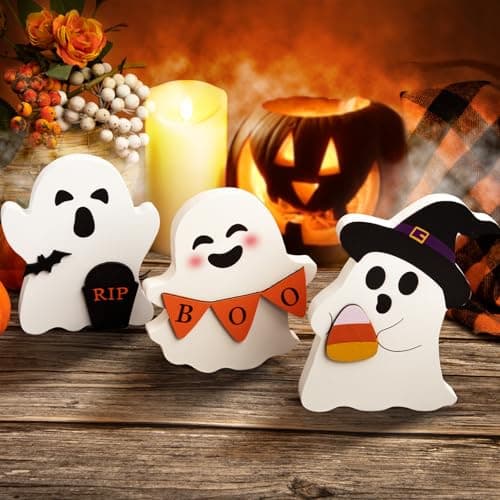COCHIE Cute Ghost Halloween Decorations Indoor, Wooden Tiered Tray Decor Table Sign Set of 3, Black Cat Bat Witch Broom Signs Pumpkin Blocks for Party Home Shelf Display (B-Ghost)