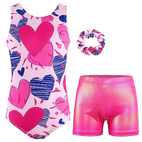 MODAFANS Leotards for Girls Gymnastics with Shorts Ballet Dance Set Athletic Leotards with Hair Scrunchie Pink Heart,10-11Years