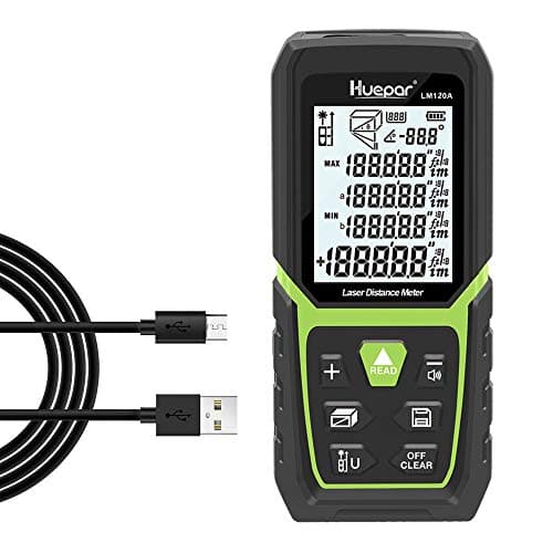 Huepar Laser Distance Meter 393Ft with Li-ion Battery & Electric Angle Sensor, Backlit LCD Laser Measure M/in/Ft with High Accuracy Multi-Measurement Modes, Pythagorean, Distance, Area&Volume