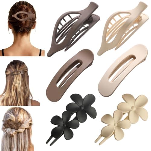 6 Pack Large Flat Claw Clips for Women, French Matte Non Slip Flat Hair Clips, 3 Styles Strong Hold Side Slide Barrettes for Thick Thin Fine Hair, Duckbill No Crease Hair Accessories (Brown&White)