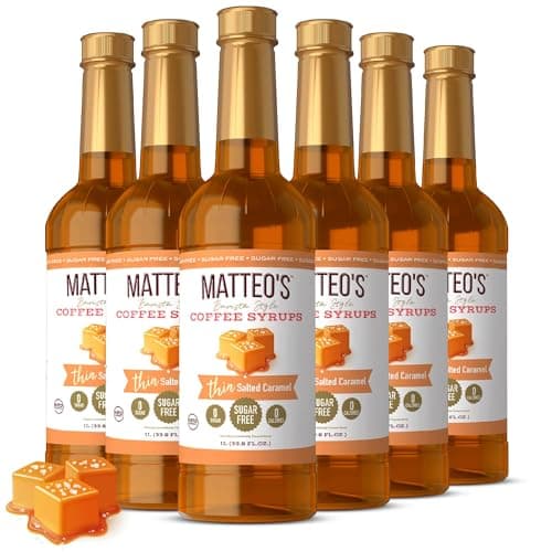 Matteo's Salted Caramel Syrup for Coffee, Lattes, Cappuccinos & Desserts – Sugar-Free Sweetener for Beverages, Keto Friendly, Zero Calories, Indulgent Flavor, Non-Alcoholic, 33.8oz (6pk)