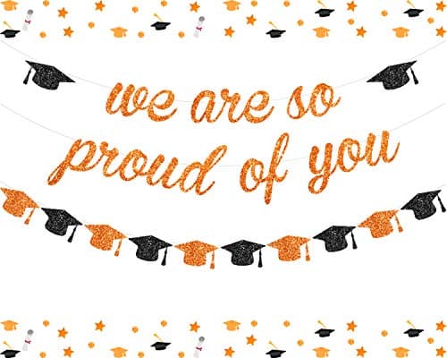 JOYMEMO Orange We are So Proud of You Banner Glitter Orange and Black Grad Cap Garland for 2026 Senior High School College Graduation Grad Party Supplies