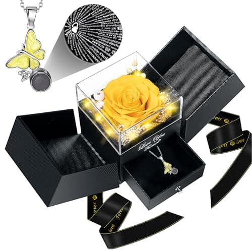 DRTINA Preserved Yellow Real Rose with I Love You Butterfly Necklace-Eternal Flowers Rose Birthday Gifts for Women Wife Mom Girlfriend Grandma on Mothers Day Valentines Anniversary Christmas Romantic