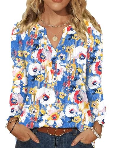 LOMON Dress Shirts for Women Womens Blouses Puff Sleeve V Neck Work Tops for Women Floral Shirt Winter Fall Outfits Blue Painted Floral S