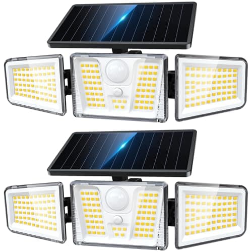 KOOPER Solar Flood Lights, 210 LED Motion Sensor Outdoor Lights, Solar Motion Lights Outdoor Waterproof, 3 Heads 300° Wide Angle Outdoor Security Lights for Yard Patio Garage Entryways, 2 Pack, Black