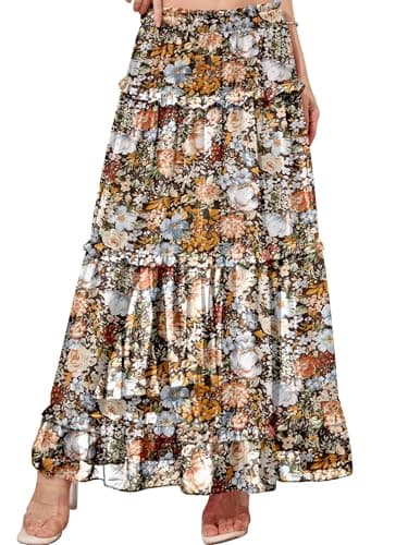 CYiNu Women's Long Skirt Chiffon Elastic High Waist Floral Swing Boho Maxi Skirts(Coffee Flora,L)