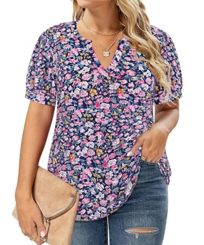 RITERA Plus Size Tops for Women V Neck Short Sleeve Mini Flower Summer Blue & Pink Tunic Casual Pullover Ladies Blouse 3XL 22W 24W