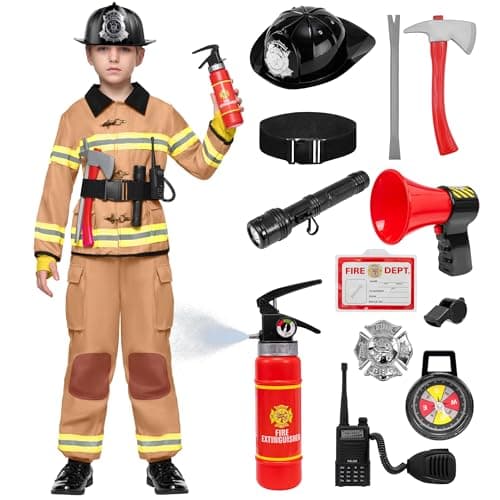 Spooktacular Creations Halloween Boys Fireman Costume, Firefighter Costume for Kids, Brown Toddler Fireman Jumpsuit Accessories Set for Dress-up and Roleplay Party (Medium, 8-10 yrs)